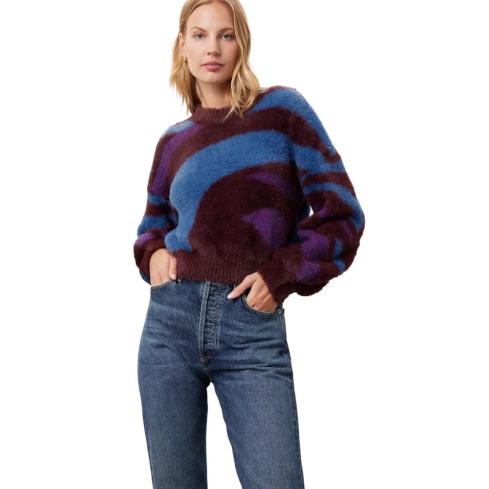 Louna Printed‎ Fuzzy Sweater Retro Blue Purple Crewneck Womens Medium